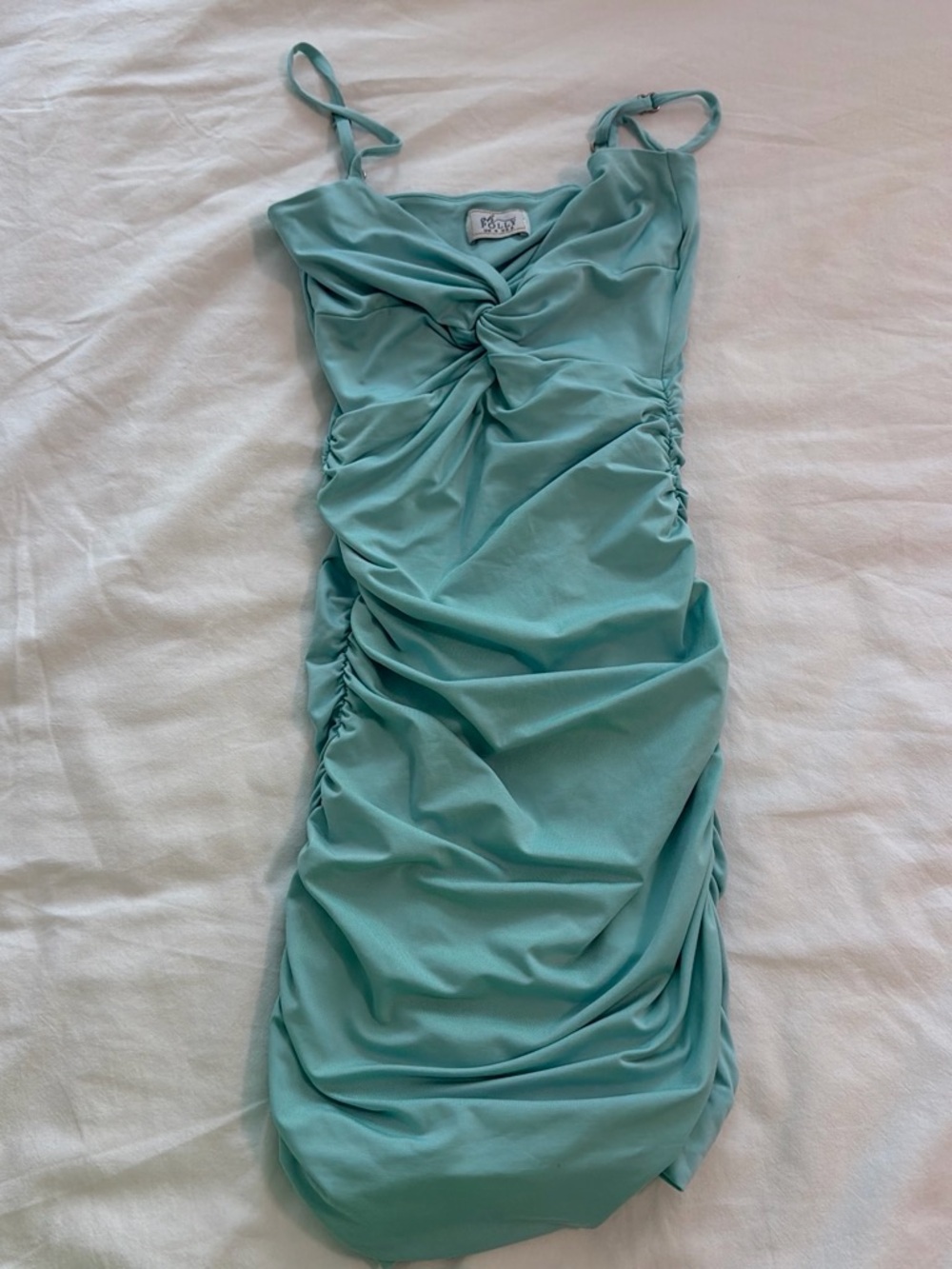 Oh Polly Aqua Ruched Spaghetti Strap Mini Dress